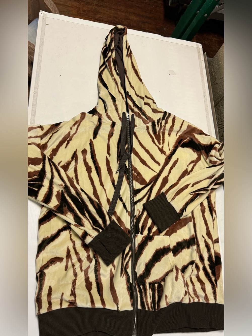 Lularoe Cozy brown & beige zebra animal print zip up hoodie jacket coat size  L